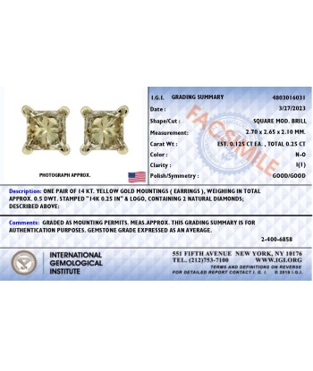 IGI Certified 1/4 Cttw Princess-Cut Square Diamond 4-Prong Solitaire Stud Earrings in 14K Yellow Gold (N-O Color, I1-I2 Clarity) pas cher