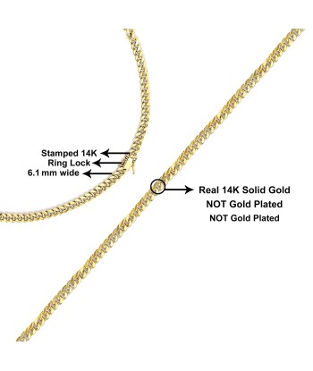 Semi-Solid 14K Yellow Gold 6.1mm Classic Miami Cuban Chain Necklace - 22 Inches 50-70% off 