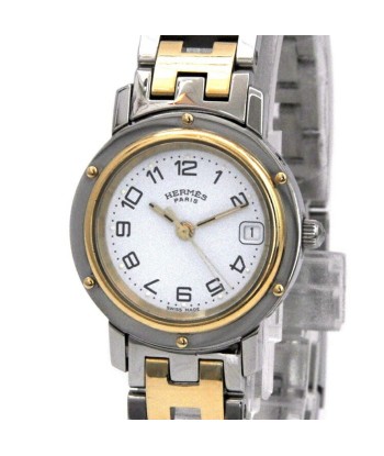 Hermes Watch Clipper White Silver Gold CL4.220 SS Quartz HERMES Date Ladies Combination Battery Round Studs les ligaments