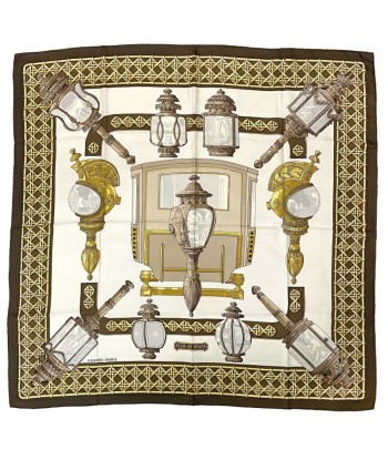 Hermes Scarf Muffler Carre 90 Brown White Silk 100% HERMES FEUX ROUTE Carriage Lantern Light Lamp Ladies 2024