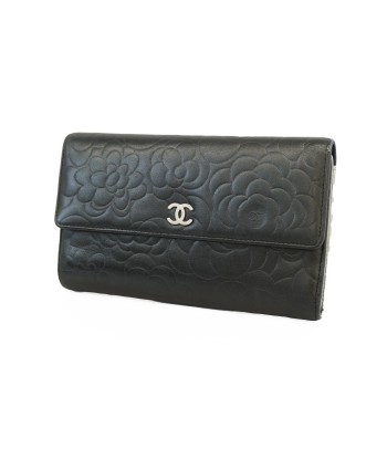 Auth Chanel Tri-Fold Wallet Camellia Lambskin Black Silver Metal pas cher chine