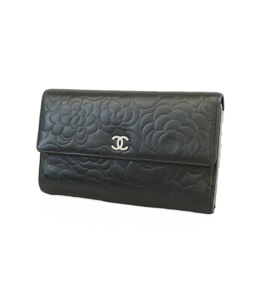 Auth Chanel Tri-Fold Wallet Camellia Lambskin Black Silver Metal pas cher chine