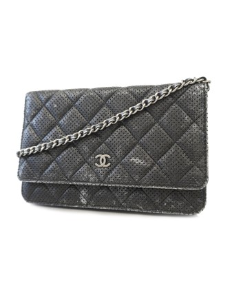 Auth Chanel Chain Wallet Matrasse Punching Leather Black Silver Metal livraison et retour toujours gratuits