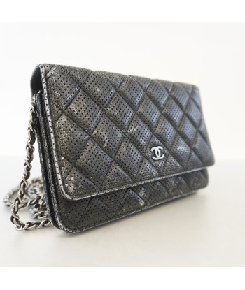 Auth Chanel Chain Wallet Matrasse Punching Leather Black Silver Metal livraison et retour toujours gratuits