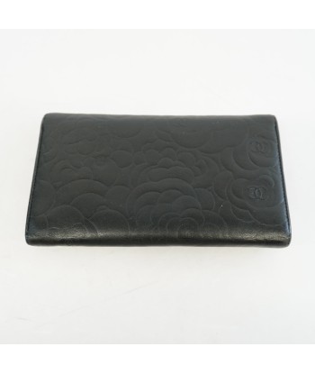 Auth Chanel Tri-Fold Wallet Camellia Lambskin Black Silver Metal pas cher chine