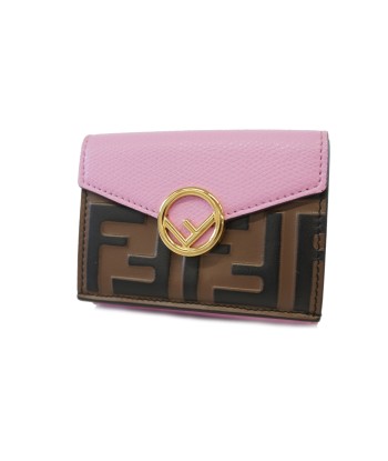 Auth Fendi Tri-Fold Wallet Zucca Leather Pink / Brown Gold metal de pas cher