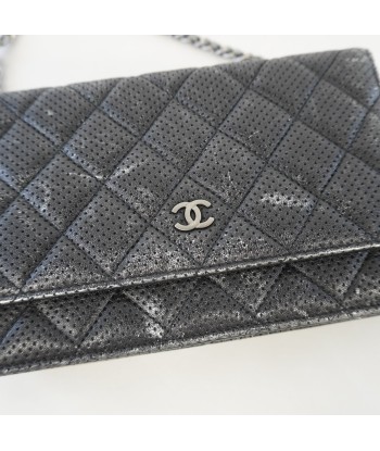 Auth Chanel Chain Wallet Matrasse Punching Leather Black Silver Metal livraison et retour toujours gratuits