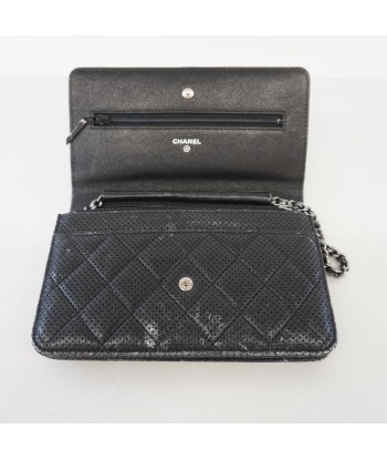 Auth Chanel Chain Wallet Matrasse Punching Leather Black Silver Metal livraison et retour toujours gratuits