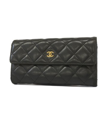 Auth Chanel Long Bi-Fold Wallet Matrasse Lambskin Black Gold Metal pas cher