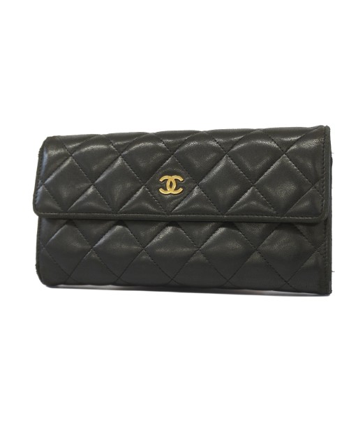 Auth Chanel Long Bi-Fold Wallet Matrasse Lambskin Black Gold Metal pas cher