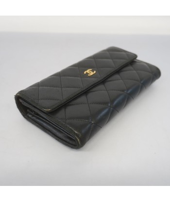 Auth Chanel Long Bi-Fold Wallet Matrasse Lambskin Black Gold Metal pas cher