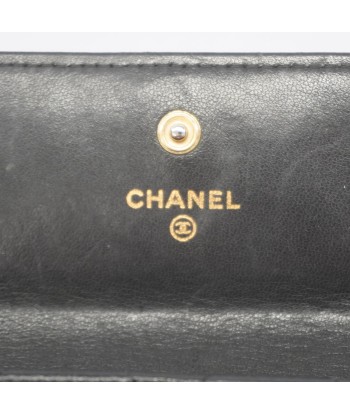 Auth Chanel Long Bi-Fold Wallet Matrasse Lambskin Black Gold Metal pas cher