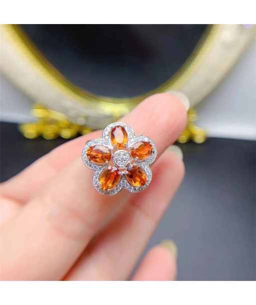 925 Sterling Silver Natural Citrine Flower Ring for Women brillant des détails fins