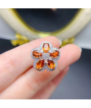 925 Sterling Silver Natural Citrine Flower Ring for Women brillant des détails fins