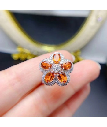 925 Sterling Silver Natural Citrine Flower Ring for Women brillant des détails fins