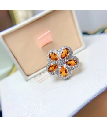 925 Sterling Silver Natural Citrine Flower Ring for Women brillant des détails fins