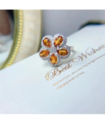 925 Sterling Silver Natural Citrine Flower Ring for Women brillant des détails fins