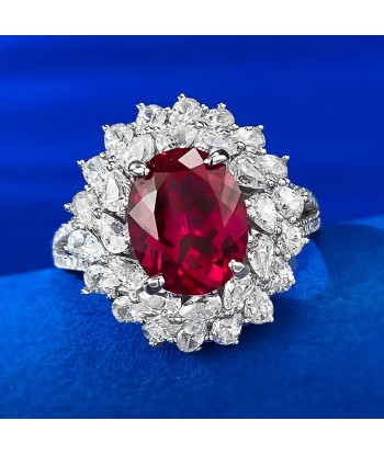 Sterling Silver Pigeon Blood Red Simulation Diamond Flower Cluster Ring for Women ou a consommer sur place