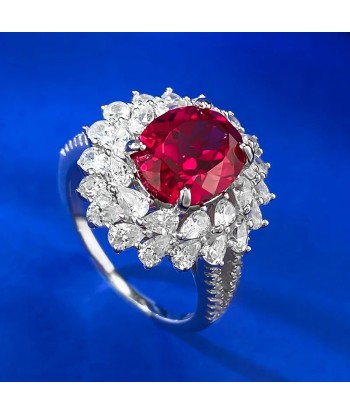 Sterling Silver Pigeon Blood Red Simulation Diamond Flower Cluster Ring for Women ou a consommer sur place