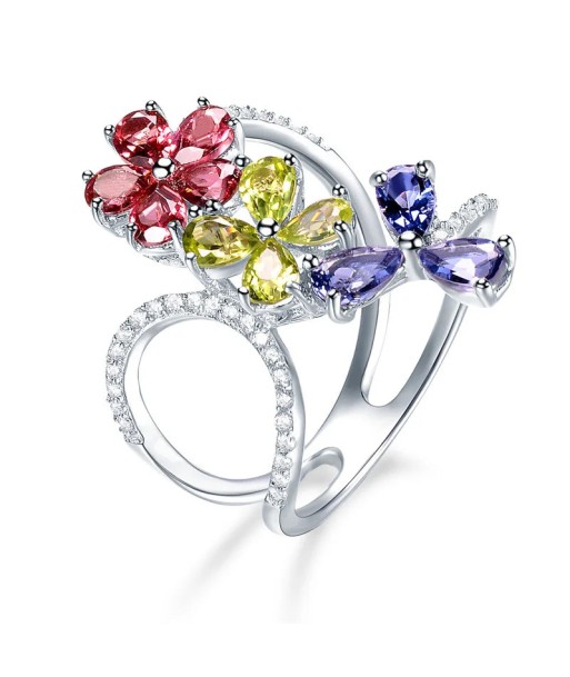 925 Sterling Silver Natural Garnet & Peridot Multi Gemstone Flower Ring for Women store