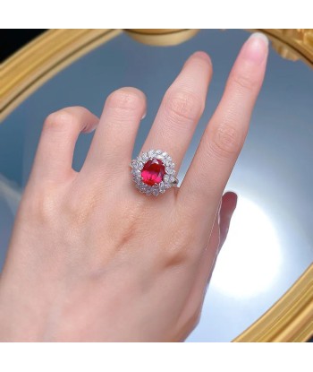 Sterling Silver Pigeon Blood Red Simulation Diamond Flower Cluster Ring for Women ou a consommer sur place