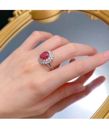 Sterling Silver Pigeon Blood Red Simulation Diamond Flower Cluster Ring for Women ou a consommer sur place