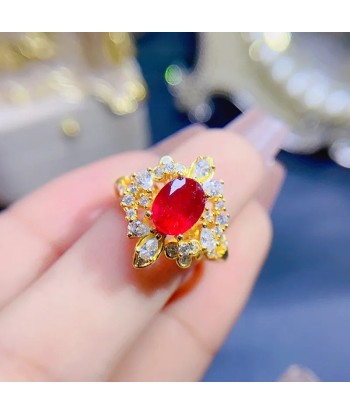 925 Sterling Silver 18K Yellow Gold Pigeon Blood Ruby Ring for Women vous aussi creer 