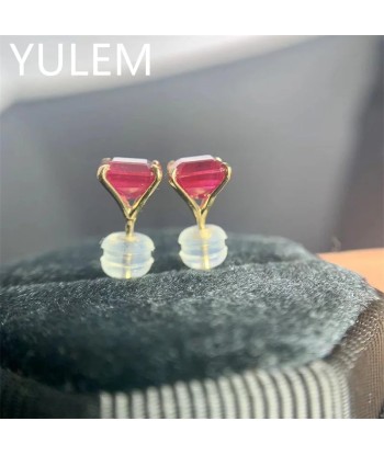 18K Yellow Gold Ruby Diamond Stud Earrings for Women Pour